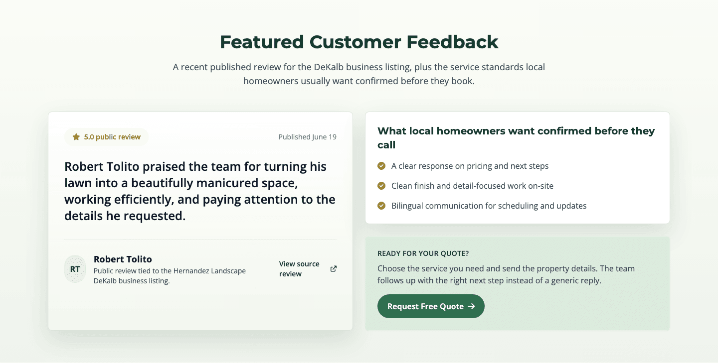 Sourced customer feedback section from the Hernandez Landscape website
