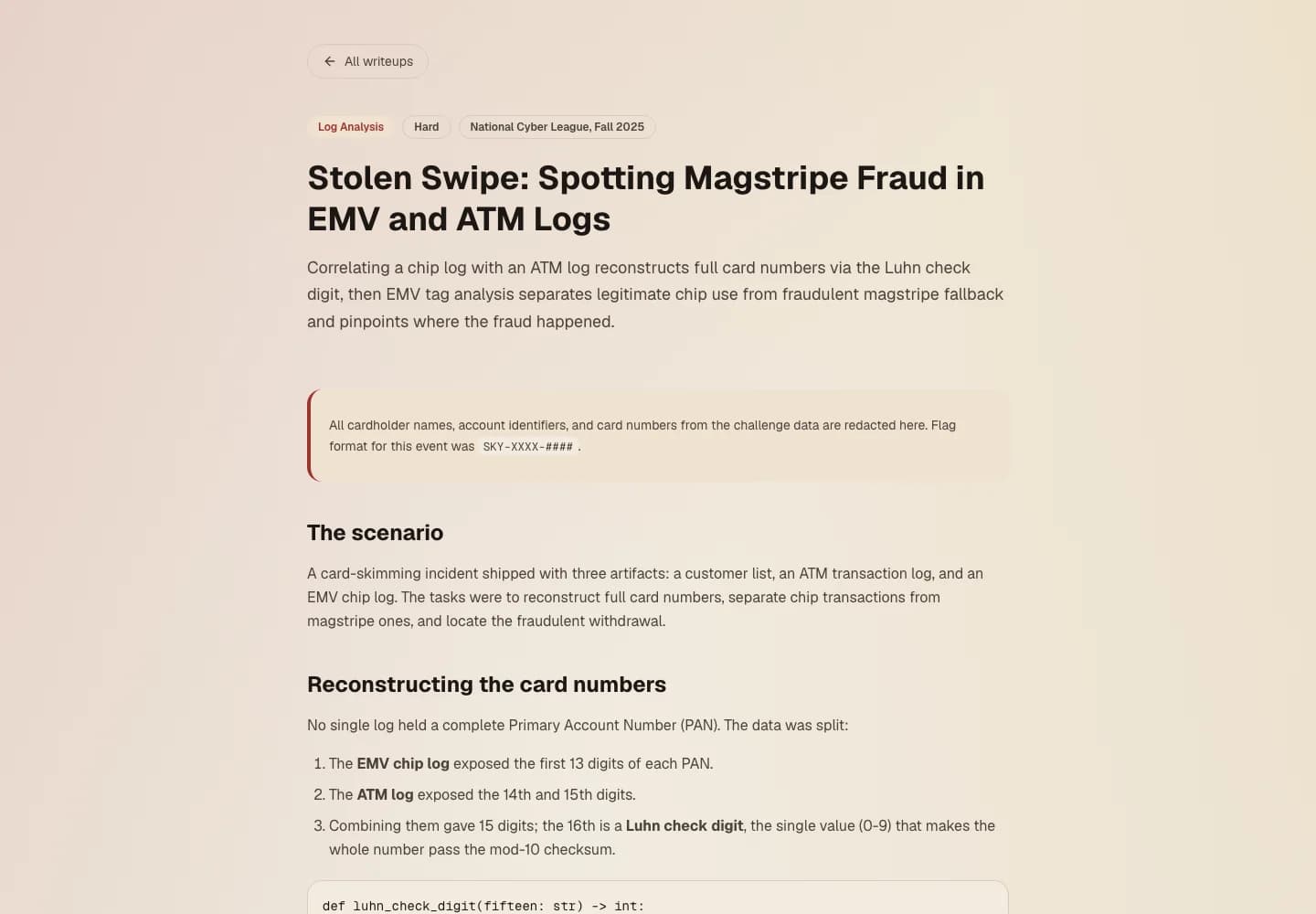 Screenshot of David Ortiz's published Stolen Swipe log forensics writeup