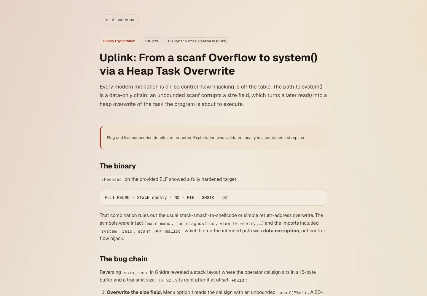 Screenshot of David Ortiz's published Uplink binary exploitation writeup